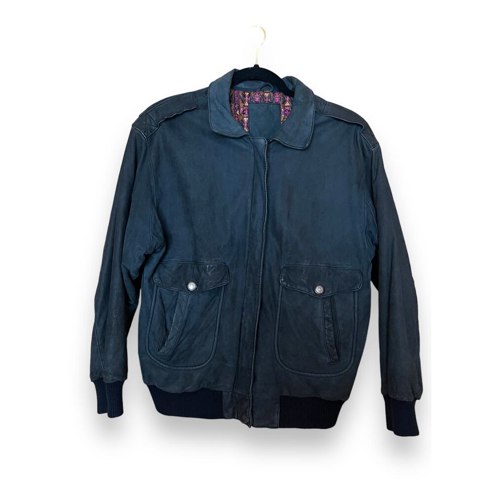 Mixed Blues Bomber Jacket Soft Black Leather Suede Size M Vintage Zipper/Snaps